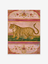 Vintage Indian miniature style tiger wall art print with pink and gold floral borders