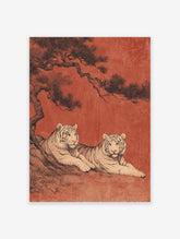 Illustration of two white tigers resting under a large pine tree on a textured reddish-orange background in a traditional Asian art style.