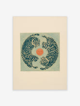 Illustrative print with two blue tigers in a circular yin-yang composition around an orange circle