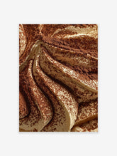Close-up of tiramisu dessert with creamy swirls and cocoa powder dusting, a rich food photography print.