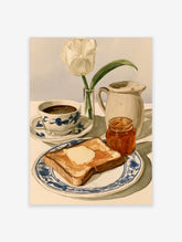 Watercolor illustration of breakfast with toast, marmalade, coffee, and a white tulip on a blue and white plate