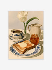 Watercolor illustration of breakfast with toast, marmalade, coffee, and a white tulip on a blue and white plate