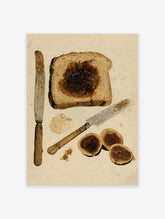 Illustrative food art print featuring toast with jam, sliced figs, and a vintage knife on a neutral background