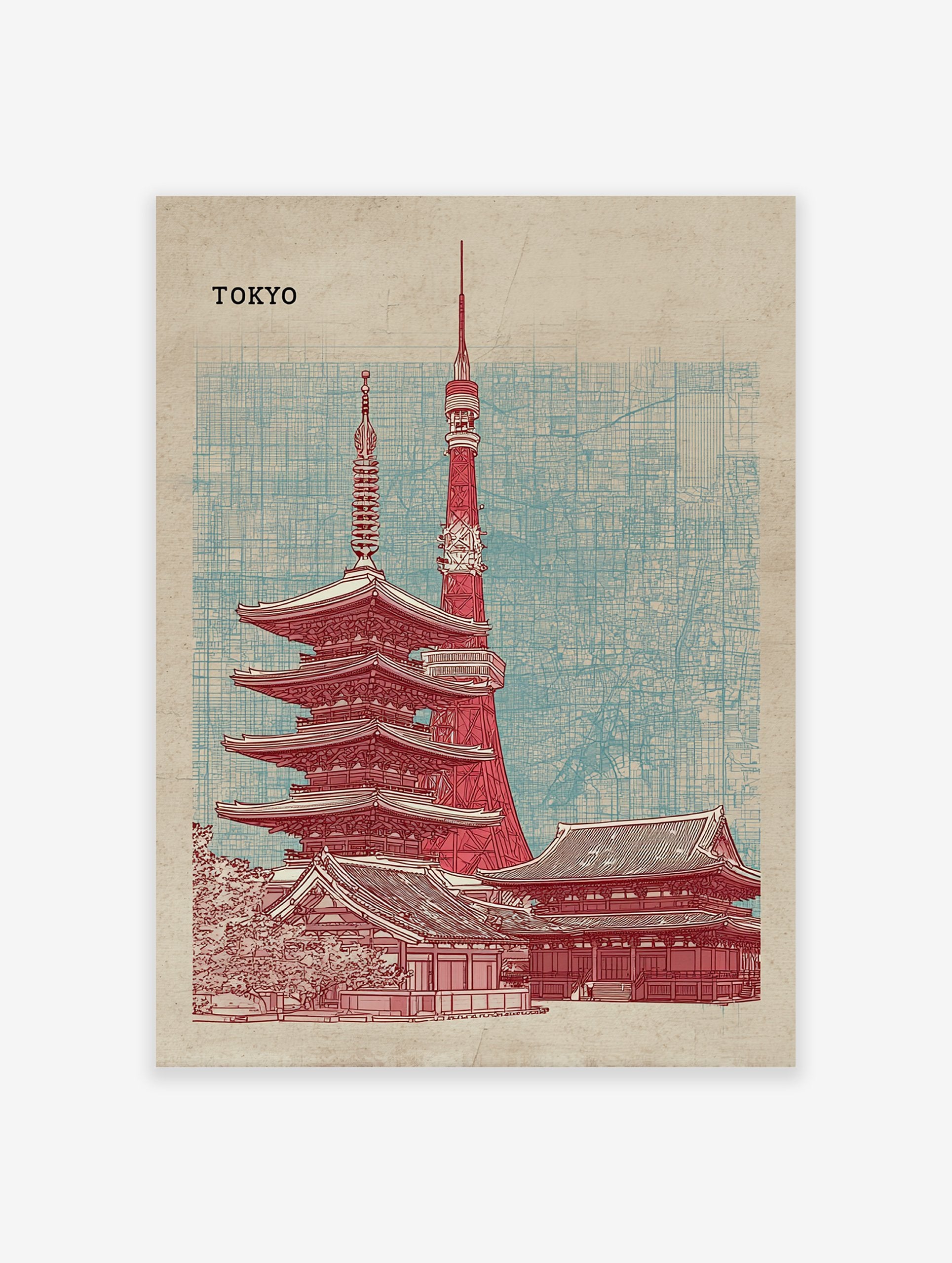 Tokyo city poster featuring a red illustration of Tokyo Tower and a traditional pagoda against a blue map grid background.