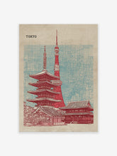 Tokyo city poster featuring a red illustration of Tokyo Tower and a traditional pagoda against a blue map grid background.