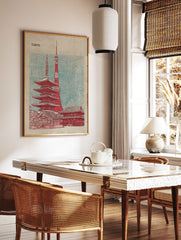 Tokyo city poster featuring a red illustration of Tokyo Tower and a traditional pagoda against a blue map grid background. - Image 2