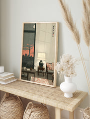 Illustrative art print of Tokyo Skytree and city skyline at dusk from an apartment window, in an alternate framed mockup