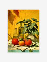 Still life painting of red and orange tomatoes, green basil plant, and olive oil bottles on yellow background