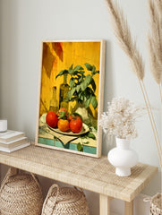Still life painting of red and orange tomatoes, green basil plant, and olive oil bottles on, in an alternate framed mockup