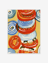 Red tomato slices and blue spiral motifs on tan background, colourful food art print