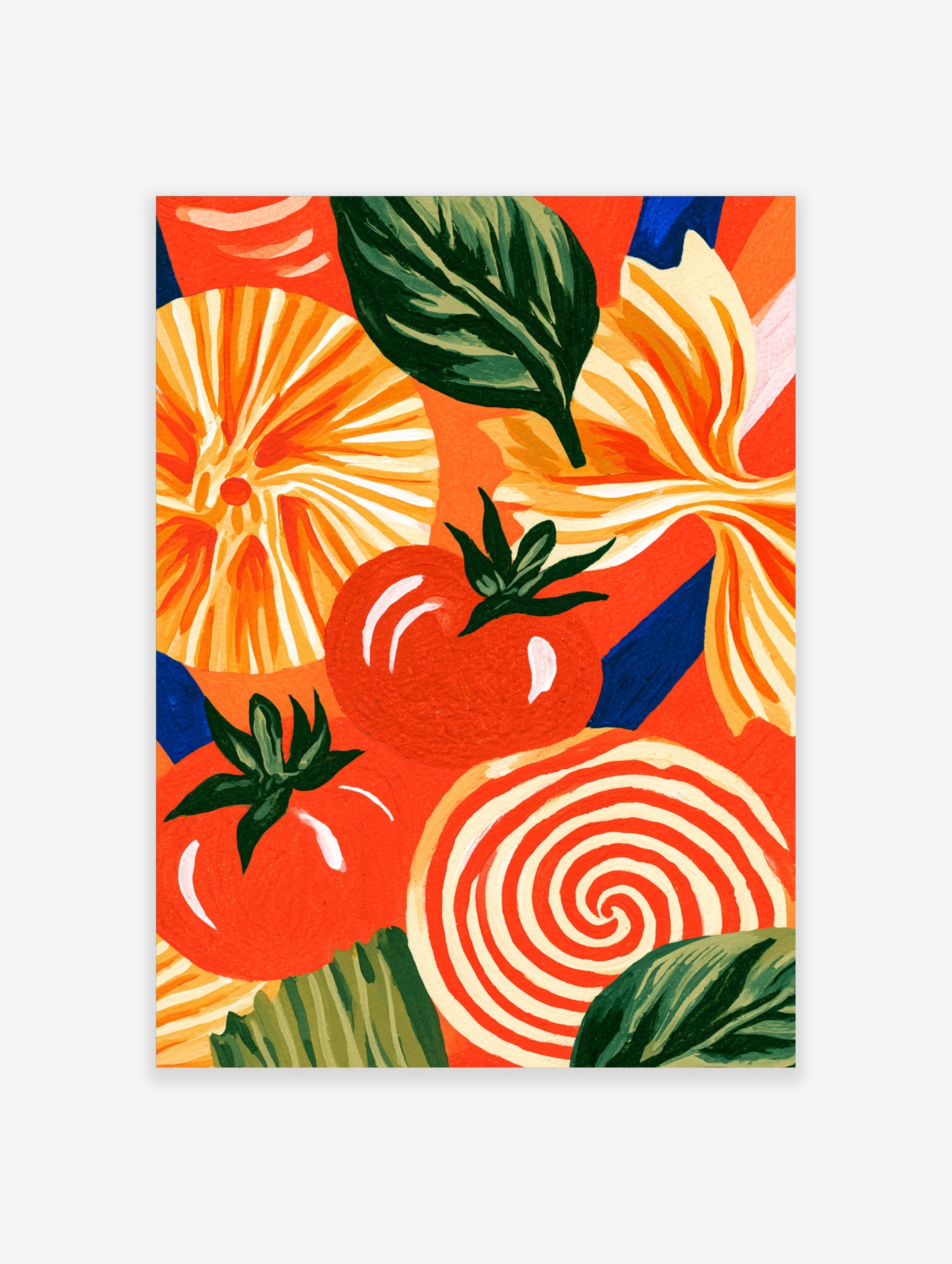 Illustrative food art print featuring tomatoes, basil, and pasta shapes on a vibrant orange background