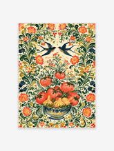 Tomato and swallow botanical art print with blue bowl, garlic, red carnations, and green foliage on cream