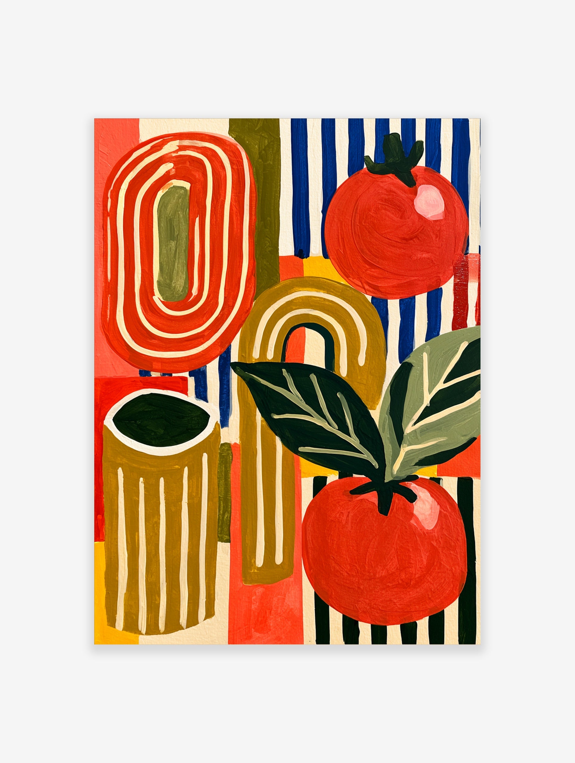 Abstract tomato illustration with red fruit, green leaves, and blue striped background on a paper art print