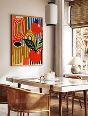 Abstract tomato illustration with red fruit, green leaves, and blue striped background on a paper, in a styled room mockup