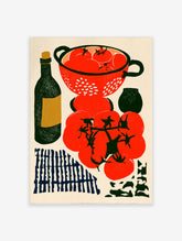 Illustrative kitchen wall art print featuring a red colander full of tomatoes, a bottle, and a dark vessel on paper