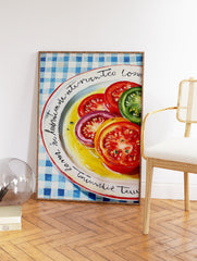 Vibrant oil painting print of sliced red, orange, and green tomatoes on a white plate with yellow dressing and blue checkered tablecloth. - Image 2