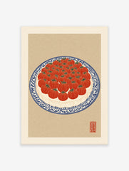 Illustration of red tomatoes arranged on a blue and white patterned plate, presented as a vibrant tomato wall art print.