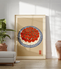 Illustration of red tomatoes arranged on a blue and white patterned plate, presented as a vibrant tomato wall art print. - Image 3