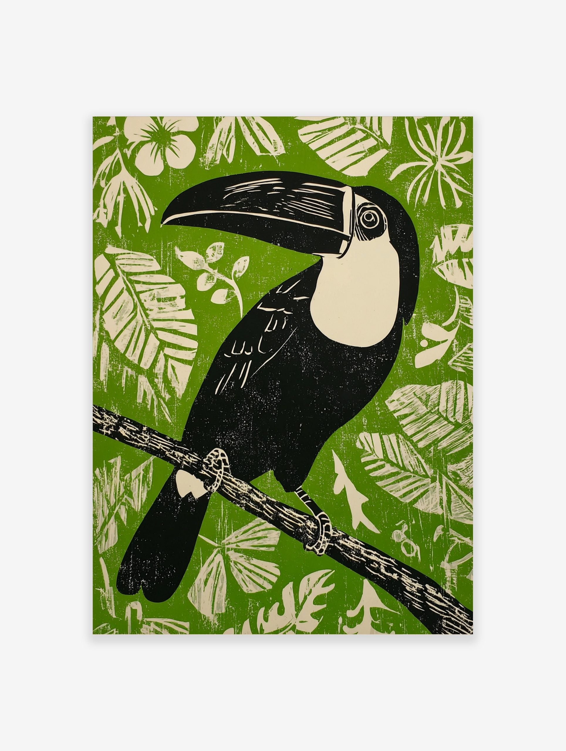 Illustrative black toucan with cream chest and large beak on branch against green background with white leaves