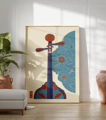 Traditional Chinese string instrument art print with blue stylized flowers and a red cultural seal on a cream background. - Image 3