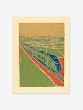 Vintage style illustration of a green and blue train on red tracks, moving through a green landscape under an orange sky.