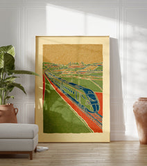 Vintage style illustration of a green and blue train on red tracks, moving through a green landscape under an orange sky. - Image 3