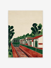 Vintage style Train Station Art print with a green train on red tracks next to a station building and trees.