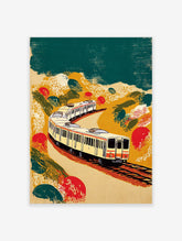 Japanese style train wall art print featuring a cream train on a winding track through a colorful yellow and green landscape.