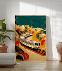Japanese style train wall art print featuring a cream train on a winding track through a colorful yellow and green landscape. - Image 3