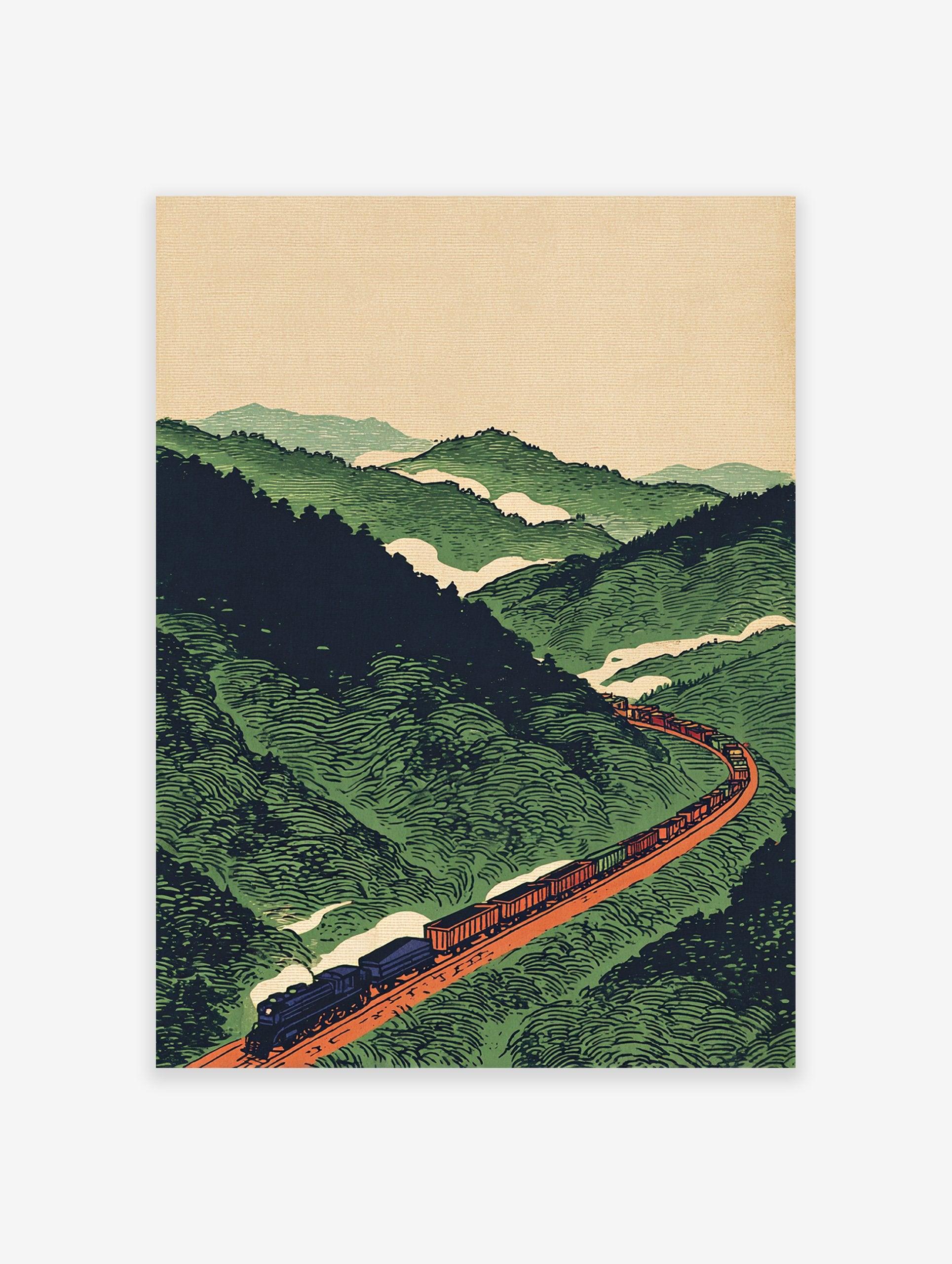 Vintage illustration of a black and orange train traveling through green mountains on a winding orange track under a light sky.