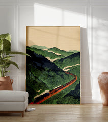 Vintage illustration of a black and orange train traveling through green mountains on a winding orange track under a light sky. - Image 3