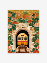 Train Wall Art, vintage botanical illustration of a yellow train exiting a floral tunnel with a gold background.