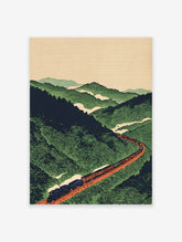 Vintage train wall art illustration showing a black locomotive and orange cars on a track winding through green mountains.
