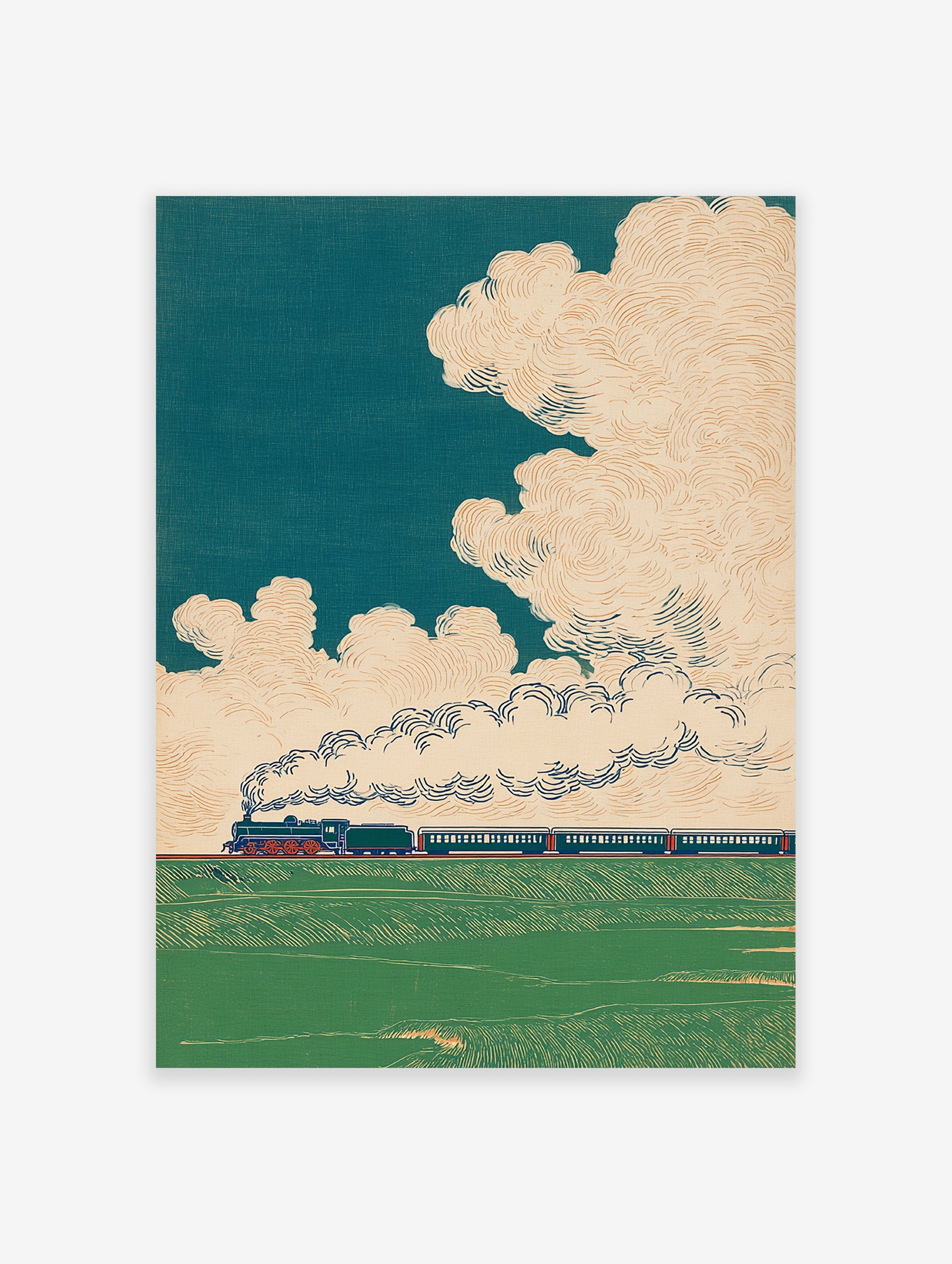 Vintage train illustration with a steam locomotive moving through a green field under a blue sky with stylized clouds.