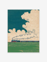 Vintage train illustration with a steam locomotive moving through a green field under a blue sky with stylized clouds.