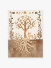 Illustrative art print of a tree with roots, deer, and botanical border in earth tones