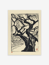 Black and white linocut print of a gnarled tree with exposed roots on light paper, featuring red artist seals. Tree wall art.