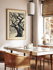 Black and white linocut print of a gnarled tree with exposed roots on light paper, featuring red artist seals. Tree wall art. - Image 3