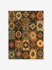 Tribal Kilim patchwork print with geometric diamond and medallion patterns in earthy teal, rust, and mustard tones