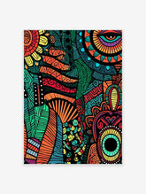 Vibrant tribal patterned poster with abstract eye and sun motifs in orange, green, red, and yellow hues on a black background.
