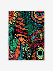 Vibrant tribal patterned poster with abstract eye and sun motifs in orange, green, red, and yellow hues on a black background.
