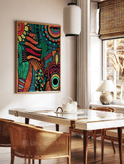 Vibrant tribal patterned poster with abstract eye and sun motifs in orange, green, red, and yellow hues on a black background. - Image 2