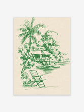 Green line art sketch of a tropical beach hut with palm tree and deck chair by water on cream background