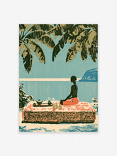 Tropical beach meditation art print with silhouetted figure, palm leaves, ocean, and patterned platform