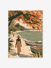 Illustrated tropical beach scene with a figure in a sun hat, boats on sand, and orange foliage, textured art print