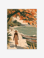 Illustrated tropical beach scene with a figure in a sun hat, boats on sand, and orange foliage, textured art print