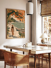 Illustrated tropical beach scene with a figure in a sun hat, boats on sand, and orange foliage, in a styled room mockup