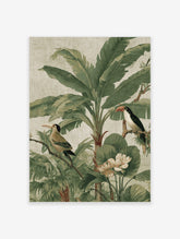 Tropical jungle illustration with a toucan, another bird, large banana leaves, and white flowers on a textured beige