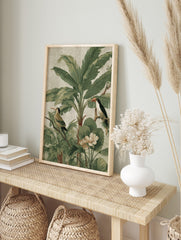 Tropical jungle illustration with a toucan, another bird, large banana leaves, and white, in an alternate framed mockup