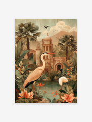 Poster depicting two tropical birds by a pond with lush foliage and an ancient domed temple in a vintage illustrative style.